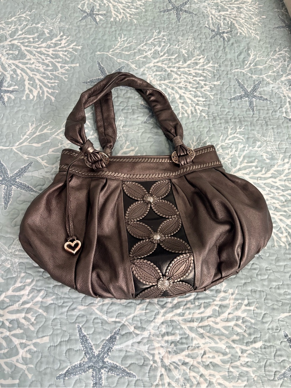 Women's Metallic Chocolate Brown Floral Accent Shoulder Bag